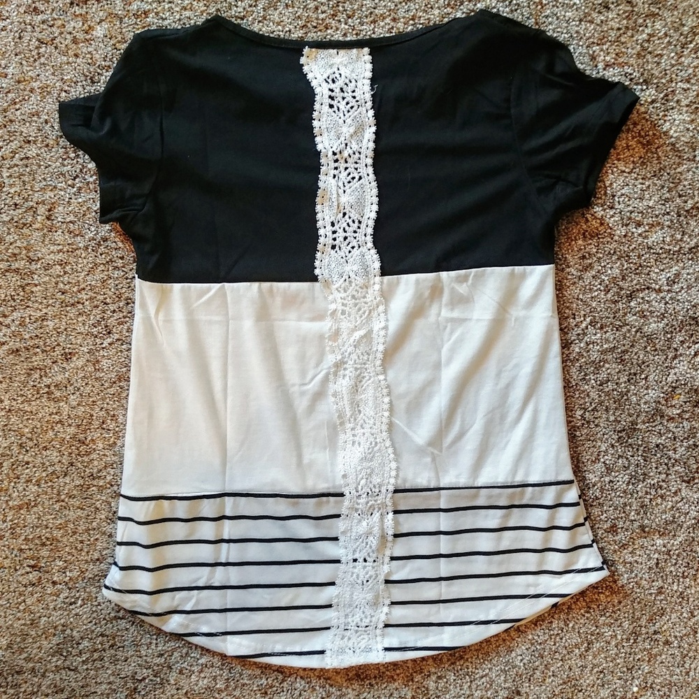 Black and white color block shirt with lace detail